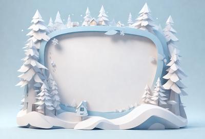 The primary subject of the image is a snowy scene featuring a house and a tree. The setting is a winter landscape with a blue background. The visual style is a combination of digital art and illustration, creating a realistic and detailed representation of the snowy environment. The colors and mood are predominantly blue and white, giving the image a cold and serene atmosphere.